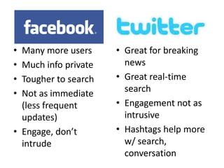 •
•
•
•

Many more users
Much info private
Tougher to search
Not as immediate
(less frequent
updates)
• Engage, don’t
intrude

• Great for breaking
news
• Great real-time
search
• Engagement not as
intrusive
• Hashtags help more
w/ search,
conversation

 