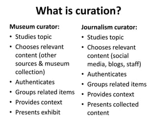 What is curation?
Museum curator:
• Studies topic
• Chooses relevant
content (other
sources & museum
collection)
• Authenticates
• Groups related items
• Provides context
• Presents exhibit

Journalism curator:
• Studies topic
• Chooses relevant
content (social
media, blogs, staff)
• Authenticates
• Groups related items
• Provides context
• Presents collected
content

 
