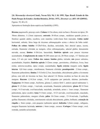 94
2.8. Merostachys skvortzovii Send., Novon 5(1): 94, f. 10. 1995. Tipo: Brasil: Estado de São
Paulo Parque do Estado e Jardim Botanico, 20 Oct. 1973., Skvortzov s.n. (HT: SP-120954!).
Figuras: 39, 40 e 41.
Apresenta-se ilustração desta espécie em Sendulsky (1995).
Rizoma paquimorfo, pescoço curto. Colmos 4-12m altura, ereto na base e flexuoso no ápice, 20-
30mm diâmetro, 1-1,5mm espessura; entrenós 30-45cm compr., meduloso quando jovem e
fistuloso quando adulto, escabros, com manchas verde-claras bem marcadas. Linha nodal
horizontal, saliente, faixa larga de tricomas esbranquiçados acima e abaixo da linha nodal.
Folhas do colmo: bainha 15-20x5-6cm, decídua, auriculada, face abaxial opaca, escura,
estriada, finamente ciliolada na margem, cílios esbranquiçados, adaxial glabra, densamente
nervada, escura; lâmina 6-10x1cm, lanceolada; fímbrias apicais com poucos tricomas
acastanhados. Complemento de ramo 50-200 ramos por nó, 20-50cm compr., 5-7 lâminas por
ramo, 2-3 nós por ramo. Folhas dos ramos: bainha glabra, estriada; nós pouco salientes,
acastanhados, híspidos; fímbrias apicais 5-12mm compr., persistentes, cilíndricas, livres, base
eretas, antrorso-escabras, ápice crespo, acastanhadas; lígula externa margem curta; lígula
interna 0,8-1mm compr., membranosa, finamente ciliolada; pseudopecíolo 2-3mm compr.,
finamente puberulento; lâmina 3-15,5x0,6-2,7cm, lanceoladas, abaxialmente glabra a levemente
pilosa, com tufo de tricomas na base, face adaxial 3-4 fileiras escabras na base de uma das
margens. Racemo 1,5-8,5cm compr., 16-18 espiguetas por panícula, alternas, pectinadas.
Espiguetas 10-14mm compr., fusiforme, glumas 2, antécio fértil 1, antécio apical rudimentar 1;
gluma I 1,5-2mm compr., 1-nervada, acuminada, finamente puberulenta; gluma II 8-13mm
compr., 9-13-nervada, oval-lanceolada, maculada, aristulada, arista c. 1mm compr., finamente
puberulenta, ápice escabro; lema 9-13mm compr., 15-21-nervado, oval-lanceolado, maculado,
finamente puberulento, margem ciliada; pálea 10-13mm compr., 13-14-nervada, 2-quilhada,
quilhas finamente cilioladas, estreitamente sulcada abaxialmente, glabra, brilhante; extenção de
ráquila c. 8mm compr., com pequeno rudimento apical; lodículas 3,2mm compr., subiguais,
margem finamente laciniada; anteras c. 6mm compr., escuros. Cariopse 3-5mm compr., oval,
rostrada, castanho-acinzentada.
 