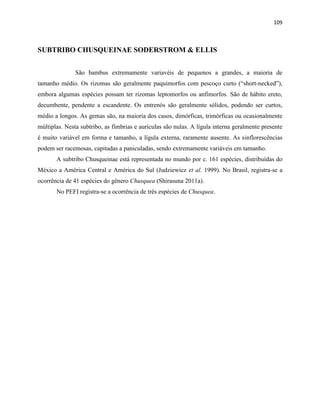 109
SUBTRIBO CHUSQUEINAE SODERSTROM & ELLIS
São bambus extremamente variavéis de pequenos a grandes, a maioria de
tamanho médio. Os rizomas são geralmente paquimorfos com pescoço curto (“short-necked”),
embora algumas espécies possam ter rizomas leptomorfos ou anfimorfos. São de hábito ereto,
decumbente, pendente a escandente. Os entrenós são geralmente sólidos, podendo ser curtos,
médio a longos. As gemas são, na maioria dos casos, dimórficas, trimórficas ou ocasionalmente
múltiplas. Nesta subtribo, as fímbrias e aurículas são nulas. A lígula interna geralmente presente
é muito variável em forma e tamanho, a lígula externa, raramente ausente. As sinflorescências
podem ser racemosas, capitadas a paniculadas, sendo extremamente variáveis em tamanho.
A subtribo Chusqueinae está representada no mundo por c. 161 espécies, distribuídas do
México a América Central e América do Sul (Judziewicz et al. 1999). No Brasil, registra-se a
ocorrência de 41 espécies do gênero Chusquea (Shirasuna 2011a).
No PEFI registra-se a ocorrência de três espécies de Chusquea.
 