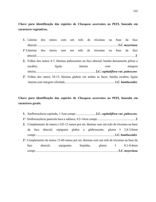 112
Chave para identificação das espécies de Chusquea ocorrentes no PEFI, baseada em
caracteres vegetativos.
1. Lâmina dos ramos com um tufo de tricomas na base da face
abaxial...........................................................................................................3.C. meyeriana
1’.Lâminas dos ramos sem um tufo de tricomas na base da face
abaxial..................................................................................................................................2
2. Folhas dos ramos 4-7, lâminas pubescentes na face abaxial; bainha densamente pilosa a
escabra; lígula interna com margem
inteira;..............................................................................2.C. capituliflora var. pubescens
2’. Folhas dos ramos 10-13, lâminas glabras em ambas as faces; bainha escabra; lígula
interna com margem ciliolada..................................................................1.C. bambusoides
Chave para identificação das espécies de Chusquea ocorrentes no PEFI, baseada em
caracteres gerais.
1. Sinflorescência capitada, 1-3cm compr...........................2.C. capituliflora var. pubescens
1’. Sinflorescência panícula laxa a sublaxa, 4,5-14cm compr...................................................2
2. Complemento de ramos (-3)5-12 ramos por nó; lâminas sem um tufo de tricomas na base
da face abaxial; espigueta glabra a glabrescente, gluma I 2,8-3,8mm
compr........................................................................................................1.C. bambusoides
2’. Complemento de ramos 15-60 ramos por nó, lâminas com um tufo de tricomas na base da
face abaxial; espiguetas híspidas, gluma I 0,1-0,4mm
compr.............................................................................................................3.C. meyeriana
 