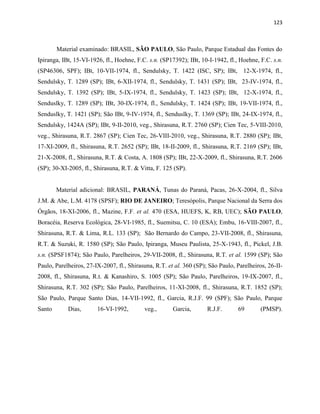 123
Material examinado: BRASIL, SÃO PAULO, São Paulo, Parque Estadual das Fontes do
Ipiranga, IBt, 15-VI-1926, fl., Hoehne, F.C. s.n. (SP17392); IBt, 10-I-1942, fl., Hoehne, F.C. s.n.
(SP46306, SPF); IBt, 10-VII-1974, fl., Sendulsky, T. 1422 (ISC, SP); IBt, 12-X-1974, fl.,
Sendulsky, T. 1289 (SP); IBt, 6-XII-1974, fl., Sendulsky, T. 1431 (SP); IBt, 23-IV-1974, fl.,
Sendulsky, T. 1392 (SP); IBt, 5-IX-1974, fl., Sendulsky, T. 1423 (SP); IBt, 12-X-1974, fl.,
Senduslky, T. 1289 (SP); IBt, 30-IX-1974, fl., Sendulsky, T. 1424 (SP); IBt, 19-VII-1974, fl.,
Senduslky, T. 1421 (SP); São IBt, 9-IV-1974, fl., Senduslky, T. 1369 (SP); IBt, 24-IX-1974, fl.,
Sendulsky, 1424A (SP); IBt, 9-II-2010, veg., Shirasuna, R.T. 2760 (SP); Cien Tec, 5-VIII-2010,
veg., Shirasuna, R.T. 2867 (SP); Cien Tec, 26-VIII-2010, veg., Shirasuna, R.T. 2880 (SP); IBt,
17-XI-2009, fl., Shirasuna, R.T. 2652 (SP); IBt, 18-II-2009, fl., Shirasuna, R.T. 2169 (SP); IBt,
21-X-2008, fl., Shirasuna, R.T. & Costa, A. 1808 (SP); IBt, 22-X-2009, fl., Shirasuna, R.T. 2606
(SP); 30-XI-2005, fl., Shirasuna, R.T. & Vitta, F. 125 (SP).
Material adicional: BRASIL, PARANÁ, Tunas do Paraná, Pacas, 26-X-2004, fl., Silva
J.M. & Abe, L.M. 4178 (SPSF); RIO DE JANEIRO; Teresópolis, Parque Nacional da Serra dos
Órgãos, 18-XI-2006, fl., Mazine, F.F. et al. 470 (ESA, HUEFS, K, RB, UEC); SÃO PAULO,
Boracéia, Reserva Ecológica, 28-VI-1985, fl., Suemitsu, C. 10 (ESA); Embu, 16-VIII-2007, fl.,
Shirasuna, R.T. & Lima, R.L. 133 (SP); São Bernardo do Campo, 23-VII-2008, fl., Shirasuna,
R.T. & Suzuki, R. 1580 (SP); São Paulo, Ipiranga, Museu Paulista, 25-X-1943, fl., Pickel, J.B.
s.n. (SPSF1874); São Paulo, Parelheiros, 29-VII-2008, fl., Shirasuna, R.T. et al. 1599 (SP); São
Paulo, Parelheiros, 27-IX-2007, fl., Shirasuna, R.T. et al. 360 (SP); São Paulo, Parelheiros, 26-II-
2008, fl., Shirasuna, R.t. & Kanashiro, S. 1005 (SP); São Paulo, Parelheiros, 19-IX-2007, fl.,
Shirasuna, R.T. 302 (SP); São Paulo, Parelheiros, 11-XI-2008, fl., Shirasuna, R.T. 1852 (SP);
São Paulo, Parque Santo Dias, 14-VII-1992, fl., Garcia, R.J.F. 99 (SPF); São Paulo, Parque
Santo Dias, 16-VI-1992, veg., Garcia, R.J.F. 69 (PMSP).
 