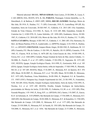 144
Material adicional: BRASIL; MINAS GERAIS, Faria Lemos, 23-XI-2006, fl., Lucas, E.
J. 642 (BHCB, ESA, HUEFS, ICN, K, SI); PARANÁ; Paranaguá, Colonia Quintilha, s.a. fl.,
Hatschbach, G. & Barbosa, E. 69853 (SPF, MBM); RIO DE JANEIRO: Botafogo, Morro de
São João, IX-1914, fl., Hoehne, F.C. 71 (SP); Corcovado, 1910, fl., Luetzelburg 109 (SP, K);
Guanabara, Serra do Corcovado, 28-XII-1967, fl., Calderón, C.E. 2013 (SP, US); Guanabara,
Estrada da Vista Chinesa, 23-I-1968, fl., Sucre, D. 2132 (SP, RB); Guanabara, Estrada D.
Castorina km 2, 4-XII-1970, fl., Lanna Sobrinho, J.P. 1850 (SP); Guabanara, Gávea, 28-XII-
1967, fl., Calderón, C.E. 2010 (SP, US); Morro de São João, IX-1914, fl., Hoehne, F.C. 71 (SP);
SANTA CATARINA; Brusque, 8-XII-1967, fl., Calderón, C. E. 2001 (SP, US); Harmonia, Ex
Herv. do Museu Paulista, 6726, fl., Luederwaldt, s.n. (SP9978); Jaraguá, 12-X-1929, fl., Hoehne,
F.C. s.n. (SP24387); SÃO PAULO, Amparo-Monte Alegre, 20-XII-1942, fl., Kuhlmann, M. 113
(SP); Cananéia, P.E. Ilha do Cardoso, 11-XI-1981, fl., Baitello, J.B. 81 (SPSF); Cananéia, 15-II-
1965, fl., Clayton, W.D. & Eiten, G. 4678 (SP, K); Cotia-Caucaia do Alto, 19-XII-1999, fl.,
Forzza, R.C. et al. 1448 (SPF); Cubatão, Parque Estadual da Serra do Mar, núcleo Cubatão, 11-
XI-2000, fl., Fiaschi, P. et al. 471 (SPF); Cubatão, 17-XI-1994, fl., Sugiyama, M. 1272 (SP,
UEC, HUEFS); Iguape, Estação Ecológica Chauás, 10-I-1999, fl., Goreinstein, M.R. et al. 105
(ESA); Iguape, Estação Ecológica Juréia-Itatins, trilha do Imperador, 17-XII-1990, fl., Mamede,
M.C.H. et al. 347 (SP, HUEFS); Mauá, 17-X-2007, fl., Shirasuna, R.T. & Queiróz, R.T. 476
(SP); Mauá, 28-XI-2007, fl., Shirasuna, R.T. et al. 726 (SP); Mauá, 30-VI-2008, fl., Shirasuna,
R.T. 1473 (SP); Paraibuna, Usina Hidrelétrica, 26-III-1984, fl., Shepherd, G.J. & Tamashiro,
J.Y. 15853 (UEC); Pariquera-Açu, Estação Experimental do IAC, 21-XI-1995, fl., Ivanauskas,
N.M. 564 (SP, ESA); Peruíbe, Estação Ecológica Juréia-Itatins, Serra da Juréia, 9-XI-1993, fl.,
Nicolau, S.A. et al. 1475 (SP, HUEFS); Peruíbe, Estação Ecológica da Juréia-Itatins,
proximidades do Maciço da Juréia, 23-XI-1990, fl., Catharino, E.L.M. et al., 1553 (SP); Pilar,
Fazenda Moquém, 1-IV-1945, fl., Krug, H.P. s.n. (SP52650, IAC); Santos, 3-X-2007, fl., Garcia,
R.J.F. & Schionato, R. 3155 (PMSP); São Bernardo do Campo, 17-VII-2009, fl., Shirasuna, R.T.
2469 (SP); São Bernardo do Campo, 30-IX-2008, fl., Shirasuna, R.T. & Kanashiro, S. 1768 (SP);
São Bernardo do Campo, 2-IV-2008, fl., Shirasuna, R.T. et al. 1177 (SP); São Bernardo do
Campo, 23-VII-2008, fl., Shirasuna, R.T. & Suzuki, R. 1583 (SP); São Bernardo do Campo, 15-
VII-2008, fl., Shirasuna, R.T. et al. 1454; São Bernardo do Campo, 21-V-2008, fl., Shirasuna,
 