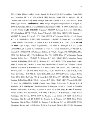 171
30714 (ESA); Ilhéus, 25-VIII-1996, fl., Sartori, A.L.B. et al. 298 (UEC); Itanhém, 17-VII-2004,
veg., Stehmann, J.R. et al. 3769 (BHCB, SPF); Lençóis, 28-XI-1998, fl., Oliveira, R.P. &
Carneiro, D.S. 139 (HUEFS, SPF); Valença, 4-IX-2004, Fiaschi, P. et al. 2512 (CEPEC, SPF);
RPPN Água Branca, ESPÍRITO SANTO; Ibiraçu, Estação Ecológica Morro da Várgem, V-
1990, fl., Fernandes, H.Q.B. et al. 2931 (ESA); Reserva da CVRD, 4-X-1999, fl., Mansano, V.R.
et al. 81 (UEC); MATO GROSSO, Aripuanã, 9-VII-1997, fl., Souza, V.C. et al. 18538 (ESA,
MT); Castanheira, 12-VII-1997, fl., Souza, V.C. et al. 18800 (ESA, HUEFS, MT); Juruena, 11-
VII-1997, fl., Souza, V.C. et al. 18771 (ESA, HUEFS, MT); Juruena, 10-VII-1997, fl., Souza,
V.C. et al. 18689 (ESA, HUEFS, MT); Nortelândia, 21-V-1997, fl., Souza, V.C. et al. 16761A
(ESA); Vilhena, 24-VIII-1982, fl., Santos, F.A.M.A. & Benson, W.W. 14202 (UEC); MINAS
GERAIS, Água Limpa, Estação Experimental, 15-X-1946, fl., Heringer, E.P. s.n. (ESA);
Cardeal Mota, 26-IX-2002, fl., Yamamoto, K. et al. 167 (UEC); Faria Lemos, 24-XI-2006, fl.,
Lucas, E.J. 680B (BHCB, ESA, K); Juiz de Fora, X-1969, fl., Krieger, P.L. 7387 (CESJ, ESA,
SPF); Juiz, de Fora, VIII-1970, fl., Krieger, P.L. 9041 (CESJ, ESA, SPF); Manieiras, Parque
Estadual do Rio Doce, 17-X-1982, fl., Heringer, E.P. 18515 (IBGE, UEC); Manieiras, Parque
Estadual do Rio Doce, 17-X-1982, fl., Heringer, E.P. 18617 (IBGE, UEC); Monte Belo, 18-VII-
1998, fl., Souza, S.B. 258 (UEC); Monte Belo, 18-VII-1993, fl., Souza, S.B. 257 (UEC); Morro
do Pilar, 26-X-1974, fl., Hatschbach, G. et al. 35374 (MBM, UEC); Nova Lima, 21-XI-1990, fl.,
Andrade, P.M. 1251 (BHCB, SPF); Nova Lima, s.a., fl., Andrade P.M. 1252 (BHCB, ESA);
Poços de Caldas, 1-XII-1982, fl., Leitão Filho, H.F. et al. 1843 (UEC); São Gonçalo do Rio
Preto, 18-XI-2005, fl., Costa, F.N. & Lessa, L.G. 934 (DIA, SPF, UFVJM); Timóteo, Parque
Estadual do Rio Doce, 22-X-1982, fl., Heringer, E.P. 18561 (IBGE, UEC); Viçosa, 8-XII-1942,
fl., s.col. s.n. (SPF84300); PARÁ, Carajás, Serra Norte, 3-VII-1986, fl., Torres, R.B. &
Machado, J.W.B. 18469 (UEC); Estrada de Ferro de Bragança, II-1920, fl., Goeldi, A. 300 (SP);
Marabá, Serra Norte, 20-V-1982, fl., Secco, R. et al. 267 (INPA, SPF); PARANÁ; Morretes,
Parque Estadual Pico do Marumbi, 20-X-1999, fl. Kozera, C. & Isernhagen, I. 1330 (UEC);
Paranaguá, Ilha do Mel, 28-VIII-1999, fl., Kozera, C. & Kozera O.P. 1203 (ESA, UEC);
Paranaguá, Ilha do Mel, 28-IX-1999, fl., Kozera, C. & Kozera, O.P. 1192 (ESA, UEC);
Paranaguá, Ilha do Mel, 3-X-1999, fl., Kozera, C. & Kozera O.P. s.n. (ESA68458, UEC);
Paranaguá, Ilha do Mel, 28-VIII-1988, fl., Silva, S.M. et al. 24240 (UEC, UPCB); Paranaguá,
 