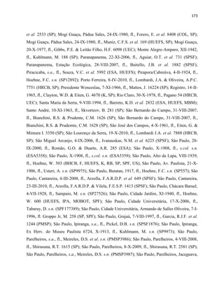 173
et al. 2533 (SP); Mogi Guaçu, Pádua Sales, 24-IX-1980, fl., Forero, E. et al. 8408 (COL, SP);
Mogi Guaçu, Pádua Sales, 24-IX-1980, fl., Muniz, C.F.S. et al. 169 (HUEFS, SP); Mogi Guaçu,
20-X-1977, fl., Gibbs, P.E. & Leitão Filho, H.F. 6098 (UEC); Monte Alegre-Amparo, XII-1942,
fl., Kuhlmann, M. 188 (SP); Paranapanema, 22-XI-2006, fl., Aguiar, O.T. et al. 731 (SPSF);
Paranapanema, Estação Ecológica, 28-VIII-2007, fl., Baitello, J.B. et al. 1882 (SPSF);
Piracicaba, s.a., fl., Souza, V.C. et al. 5992 (ESA, HUEFS); Pirapora/Cabreúva, 4-II-1924, fl.,
Hoehne, F.C. s.n. (SP12892); Porto Ferreira, 8-IV-2010, fl., Lombardi, J.A. & Oliveira, A.P.C.
7751 (HRCB, SP); Presidente Wenceslau, 7-XI-1966, fl., Mattos, J. 16224 (SP); Registro, 14-II-
1965, fl., Clayton, W.D. & Eiten, G. 4670 (K, SP); Rio Claro, 30-X-1978, fl., Pagano 54 (HRCB,
UEC); Santa Maria da Serra, 9-VIII-1994, fl., Barreto, K.D. et al. 2832 (ESA, HUEFS, MBM);
Santo André, 10-XI-1963, fl., Skvortzov, B. 281 (SP); São Bernardo do Campo, 31-VIII-2007,
fl., Bianchini, R.S. & Prudente, C.M. 1626 (SP); São Bernardo do Campo, 31-VIII-2007, fl.,
Bianchini, R.S. & Prudemte, C.M. 1628 (SP); São José dos Campos, 4-X-1961, fl., Eiten, G. &
Mimura I. 3350 (SP); São Lourenço da Serra, 19-X-2010, fl., Lombardi J.A. et al. 7888 (HRCB,
SP); São Miguel Arcanjo, 4-IX-2006, fl., Ivanauskas, N.M. et al. 6225 (SPSF); São Paulo, 20-
IX-2000, fl., Romão, G.O. & Duarte, A.R. 285 (ESA); São Paulo, X-1908, fl., s.col. s.n.
(ESA5358); São Paulo, X-1908, fl., s.col. s.n. (ESA5359); São Paulo, Alto da Lapa, VIII-1939,
fl., Hoehne, W. 503 (BHCB, F, HUEFS, K, RB, SP, SPF, US); São Paulo, Av. Paulista, 21-X-
1906, fl., Usteri, A. s.n. (SP9975); São Paulo, Butatan, 1917, fl., Hoehne, F.C. s.n. (SP557); São
Paulo, Cantareira, 4-III-2008, fl., Arzolla, F.A.R.D.P. et al. 649 (SPSF); São Paulo, Cantareira,
23-III-2010, fl., Arzolla, F.A.R.D.P. & Vilela, F.E.S.P. 1413 (SPSF); São Paulo, Chácara Baruel,
4-VII-1928, fl., Sampaio, M. s.n. (SP27526); São Paulo, Cidade Jardim, XI-1940, fl., Hoehne,
W. 600 (HUEFS, IPA, MOBOT, SPF); São Paulo, Cidade Universitária, 17-X-2006, fl.,
Tabaray, D. s.n. (SPF177389); São Paulo, Cidade Universitária, Armando de Salles Oliveira, 7-I-
1996, fl. Groppo Jr, M. 258 (SP, SPF); São Paulo, Grajaú, 7-VIII-1997, fl., Garcia, R.J.F. et al.
1244 (PMSP); São Paulo, Ipiranga, s.a., fl., Pickel, D.B. s.n. (SPSF1876); São Paulo, Ipiranga,
Ex Herv. do Museu Paulista 6724, X-1913, fl., Kuhlmann, M. s.n. (SP9973); São Paulo,
Parelheiros, s.a., fl., Meireles, D.S. et al. s.n. (PMSP3986); São Paulo, Parelheiros, 4-VIII-2008,
fl., Shirasuna, R.T. 1615 (SP); São Paulo, Parelheiros, 8-X-2009, fl., Shirasuna, R.T. 2581 (SP);
São Paulo, Parelheiros, s.a., Meireles, D.S. s.n. (PMSP3987); São Paulo, Parelheiros, Jaceguava,
 