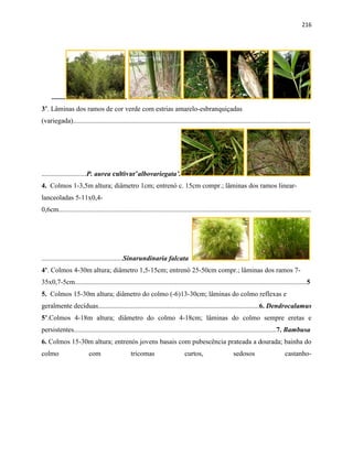216
........ . .
3’. Lâminas dos ramos de cor verde com estrias amarelo-esbranquiçadas
(variegada).........................................................................................................................................
..........................P. aurea cultivar’albovariegata’.
4. Colmos 1-3,5m altura; diâmetro 1cm; entrenó c. 15cm compr.; lâminas dos ramos linear-
lanceoladas 5-11x0,4-
0,6cm..................................................................................................................................................
...............................................Sinarundinaria falcata
4’. Colmos 4-30m altura; diâmetro 1,5-15cm; entrenó 25-50cm compr.; lâminas dos ramos 7-
35x0,7-5cm......................................................................................................................................5
5. Colmos 15-30m altura; diâmetro do colmo (-6)13-30cm; lâminas do colmo reflexas e
geralmente decíduas.............................................................................................6. Dendrocalamus
5’.Colmos 4-18m altura; diâmetro do colmo 4-18cm; lâminas do colmo sempre eretas e
persistentes.....................................................................................................................7. Bambusa
6. Colmos 15-30m altura; entrenós jovens basais com pubescência prateada a dourada; bainha do
colmo com tricomas curtos, sedosos castanho-
 