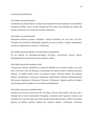 10
1. Floresta Ombrófila Densa:
1.1. Estádio sucessional pioneiro:
Constituído por campos limpos ou campos sujos originados de ações antrópicas com predomínio
de plantas heliófilas, anuais, de porte herbáceo até 0,5m altura. Há predomínio de espécies das
famílias Asteraceae, Convolvulaceae, Poaceae e Solanaceae.
1.2. Estádio sucessional primário:
Predominam herbáceas perenes, subarbusto e arbustos heliófilos com ciclo entre 2-10 anos.
Configura uma fisionomia heterogênea composta por poucos estratos. Famílias predominates:
Asteraceae, Euphorbiaceae, Poaceae e Verbenaceae.
1.3. Estádio sucessional primário, com dominância de pteridófitas:
Há um domínio da samambaia-das-taperas (Pteridium arachnoideum (Kaulf.) Maxon-
Dennstaedtiaceae) característica de solos alterados e ácidos.
1.4. Estádio sucessional secundário inicial
Composta por espécies subarbustivas a arbustivas heliófitas de crescimento rápido, com ciclos
entre 10-30 anos. Início da formação de sub-bosque com poucos estratos e domínio de poucas
espécies. As epífitas podem ocorrer em pequeno número. Ocorrem espécies das seguintes
famílias: Anacardiaceae, Asteraceae, Cannabaceae, Euphorbiaceae, Fabaceae, Melastomataceae,
Myrsinaceae, Sapindaceae, Solanaceae, Urticaceae, Verbenaceae. Algumas espécies de estágios
sucessionais posteriores podem ser encontradas esporadicamente.
1.5. Estádio sucessional secundário médio:
Composta por árvores de porte baixo até 12m altura e ciclo de vida superior a 40 anos, com a
formação de um dossel relativamente homogêneo. Apresenta maior riqueza de espécies com
coloração mais clara das copas, por terem elevada produtividade primária, embora com número
pequeno de epífitas. Ocorrem espécies das seguintes famílias: Annonaceae, Arecaceae,
 