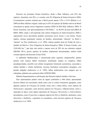15
Ocorrem nos principais biomas brasileiros, desde a Mata Atlântica, com 65% das
espécies, Amazônia, com 26%, e o cerrado, com 9% (Filgueiras & Santos-Gonçalves 2004).
Levantamentos recentes estimam que o Brasil possui apenas 7,9% a 13,5% (Ribeiro et al.
2009) da Mata Atlântica original, sendo que os 65% de espécies de bambus nativos do Brasil
concentram-se apenas nesses fragmentos restantes (INPE & SOS Mata Atlântica, 2009). O
bioma Amazônia, com aproximadamente 4.196.943km 2
ou 49,29% da área total (IBGE &
MMA 2004), ainda é sub-explorado pela ciência (Filgueiras & Santos-Gonçalves 2004) e
seguramente novas descobertas poderão acrescentar novos táxons a esse bioma. Nessas
regiões, imensas populações naturais de bambus, denominadas “tabocais” no Brasil e
“pacales” no Peru (Juedziewicz et al. 1999), cobrem grandes áreas do Estado do Acre e
também da Bolívia e Peru (Filgueiras & Santos-Gonçalves 2004). O bioma Cerrado, com
2.036.448 km 2
, que hoje está restrito a apenas cerca de 20% da sua cobertura original
(IBAMA 2011), possui espécies de bambus amplamente documentadas, embora ainda
existam espécies não descritas (Viana 2010).
A subfamília Bambusoideae é caracterizada pelas seguintes sinapomorfias: plantas
perenes (raro anuais), hábito rizomatoso, ramificação simples ou complexa, folhas
pseudopecioladas, mesofilo com células invaginantes fortemente assimétricas, associadas a
células fusóides e células buliformes, tricomas bicelulares (micropelos) alongados, com
paredes delgadas (Judziewicz et al. 1999), folhas embrionárias com margens que se
sobrepõem, plântula sem a primeira folha (APWEB 2008).
Habitam frequentemente os sub-bosques das florestas tropicais úmidas e chuvosas.
Seus representantes podem variar de alguns centímetros a 40m altura, apresentando
diversos hábitos de crescimento, desde eretos com os colmos fortemente agregados, como
algumas espécies de Chusquea do cerrado, eretos com o colmo difuso, como espécies de
Phyllostachys, arqueados, como diversas espécies de Chusquea e Rhipidocladum, eretos e
arqueados no ápice, como alguns representes de Chusquea, Merostachys e Arthrostilidium,
decumbentes, como Cryptochloa e algumas espécies de Olyra e Raddiella, alastrantes, como
Mniochloa e Raddiella, e apoiantes ou escandentes, como diversas espécies de Chusquea
(Judziewicz et al. 1999).
 