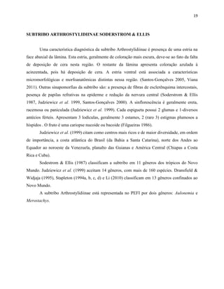 19
SUBTRIBO ARTHROSTYLIDIINAE SODERSTROM & ELLIS
Uma característica diagnóstica da subtribo Arthrostylidiinae é presença de uma estria na
face abaxial da lâmina. Esta estria, geralmente de coloração mais escura, deve-se ao fato da falta
de deposição de cera nesta região. O restante da lâmina apresenta coloração azulada à
acinzentada, pois há deposição de cera. A estria ventral está associada a características
micromorfológicas e morfoanatômicas distintas nessa região. (Santos-Gonçalves 2005, Viana
2011). Outras sinapomorfias da subtribo são: a presença de fibras de esclerênquima intercostais,
pesença de papilas refrativas na epiderme e redução da nervura central (Soderstrom & Ellis
1987, Judziewicz et al. 1999, Santos-Gonçalves 2000). A sinflorescência é geralmente ereta,
racemosa ou paniculada (Judziewicz et al. 1999). Cada espigueta possui 2 glumas e 1-diversos
antécios férteis. Apresentam 3 lodículas, geralmente 3 estames, 2 (raro 3) estigmas plumosos a
híspidos . O fruto é uma cariopse nucoide ou bacoide (Filgueiras 1986).
Judziewicz et al. (1999) citam como centros mais ricos e de maior diversidade, em ordem
de importância, a costa atlântica do Brasil (da Bahia a Santa Catarina), norte dos Andes ao
Equador ao noroeste da Venezuela, planalto das Guianas e América Central (Chiapas a Costa
Rica e Cuba).
Sodestrom & Ellis (1987) classificam a subtribo em 11 gêneros dos trópicos do Novo
Mundo. Judziewicz et al. (1999) aceitam 14 gêneros, com mais de 160 espécies. Dransfield &
Widjaja (1995), Stapleton (1994a, b, c, d) e Li (2010) classificam em 13 gêneros confinados ao
Novo Mundo.
A subtribo Arthrostylidiinae está representada no PEFI por dois gêneros: Aulonemia e
Merostachys.
 