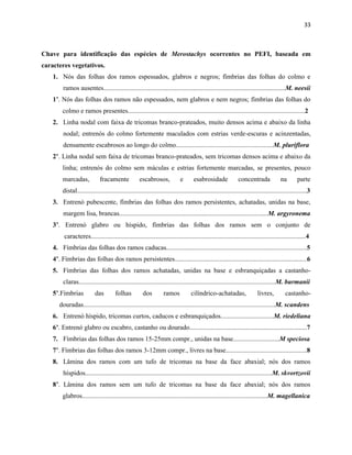 33
Chave para identificação das espécies de Merostachys ocorrentes no PEFI, baseada em
caracteres vegetativos.
1. Nós das folhas dos ramos espessados, glabros e negros; fímbrias das folhas do colmo e
ramos ausentes..............................................................................................................M. neesii
1’. Nós das folhas dos ramos não espessados, nem glabros e nem negros; fímbrias das folhas do
colmo e ramos presentes...........................................................................................................2
2. Linha nodal com faixa de tricomas branco-prateados, muito densos acima e abaixo da linha
nodal; entrenós do colmo fortemente maculados com estrias verde-escuras e acinzentadas,
densamente escabrosos ao longo do colmo...........................................................M. pluriflora
2’. Linha nodal sem faixa de tricomas branco-prateados, sem tricomas densos acima e abaixo da
linha; entrenós do colmo sem máculas e estrias fortemente marcadas, se presentes, pouco
marcadas, fracamente escabrosos, e esabrosidade concentrada na parte
distal...........................................................................................................................................3
3. Entrenó pubescente, fímbrias das folhas dos ramos persistentes, achatadas, unidas na base,
margem lisa, brancas..........................................................................................M. argyronema
3’. Entrenó glabro ou híspido, fímbrias das folhas dos ramos sem o conjunto de
caracteres..................................................................................................................................4
4. Fímbrias das folhas dos ramos caducas.....................................................................................5
4’. Fímbrias das folhas dos ramos persistentes................................................................................6
5. Fímbrias das folhas dos ramos achatadas, unidas na base e esbranquiçadas a castanho-
claras.......................................................................................................................M. burmanii
5’.Fímbrias das folhas dos ramos cilíndrico-achatadas, livres, castanho-
douradas....................................................................................................................M. scandens
6. Entrenó híspido, tricomas curtos, caducos e esbranquiçados................................M. riedeliana
6’. Entrenó glabro ou escabro, castanho ou dourado.......................................................................7
7. Fímbrias das folhas dos ramos 15-25mm compr., unidas na base............................M speciosa
7’. Fímbrias das folhas dos ramos 3-12mm compr., livres na base.................................................8
8. Lâmina dos ramos com um tufo de tricomas na base da face abaxial; nós dos ramos
híspidos.................................................................................................................M. skvortzovii
8’. Lâmina dos ramos sem um tufo de tricomas na base da face abaxial; nós dos ramos
glabros................................................................................................................M. magellanica
 