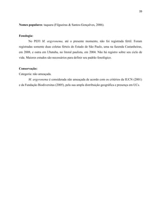 39
Nomes populares: taquara (Filgueiras & Santos-Gonçalves, 2006).
Fenologia:
No PEFI M. argyronema, até o presente momento, não foi registrada fértil. Foram
registradas somente duas coletas férteis do Estado de São Paulo, uma na fazenda Castanheiras,
em 2008, e outra em Ubatuba, no litoral paulista, em 2004. Não há registro sobre seu ciclo de
vida. Maiores estudos são necessários para definir seu padrão fenológico.
Conservação:
Categoria: não ameaçada.
M. argyronema é considerada não ameaçada de acordo com os critérios da IUCN (2001)
e da Fundação Biodiversitas (2005), pela sua ampla distribuição geográfica e presença em UCs.
 