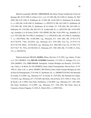 60
Material examinado: BRASIL, SÃO PAULO, São Paulo, Parque Estadual das Fontes do
Ipiranga, IBt, 30-VI-1980, fl., Chiea, S.A.C. et al. 121 (SP); IBt, 24-I-1949, fl., Hoehne, W. 2967
(SPF); IBt, 6-IV-1948, fl., Kuhlmann, M. 15 (SP); IBt, 16-III-1948, fl., Kuhlmann, M. & Kuhn,
E. s.n. (SP); IBt, 16-III-1948, fl., Kuhlmann, s.n. (SP367917); IBt, 20-I-1949, fl., Kuhlmann, M.
3152 (SP); IBt, 10-III-1948, fl., Kuhlmann, M. & Toledo, J.F. 3149 (SP); IBt, 20-I-1949, fl.,
Kuhlmann, M. 3154 (SP);, IBt, XII-1915, fl., Luederwaldt, H. s.n. (SP22354); IBt, 14-IX-1999,
veg., Sarahyba, L.S. & Gomes, D.M.S. 1033 (PMSP, SP); IBt, 14-IX-1999, veg., Sarahyba, L.S.
et al. 1035 (SP); IBt, VII-1980, fl., Sendulsky, T. s.n. (SP236261); IBt, 18-I-1980, fl., Sendulsky,
T. s.n. (SP107884); IBt, 14-XII-2009, veg., Shirasuna, R.T. 2693 (SP); IBt, 23˚38’3,13”S,
46˚37’28,9”W, 774m, 8-II-2010, veg., Shirasuna, R.T. 2759 (SP); Cien Tec, 23˚39’27,1”S,
46˚37’25,5”W, 802m, 29-VII-2010, veg., Shirasuna, R.T. 2864 (SP); Cien Tec, 23˚3914’,7”S,
46˚37’25,3” W, 797m, 26-VIII-2010, fl., Shirasuna, R.T. 2881 (SP); IBt, 17-I-1980, fl., Silva,
T.S. s.n. (SP169275).
Material adicional: BRASIL; BAHIA, Ilhéus, São José, 21-X-1983, veg., Santos, T.S.dos
et al. 3912 (MOBOT, US); RIO DE JANEIRO, Petrópolis, 3-V-1985, fl., Zuloaga, F.O. et al.
2394 (MOBOT, US); SÃO PAULO, Salesópolis, Estação Biológica de Boracéia, 25-II-1991,
veg., Clark, L. & Morel, M. 830 (MOBOT); Santo André, Paranapiacaba, Alto da Serra, 15-VI-
1948, fl., Jolly, A.B. s.n. (BAA, MOBOT, SPF104536); Santo André, Estação Biológica do Alto
da Serra de Paranapiacaba, 27-II-1948, fl., Kuhlmann, M. s.n. (MOBOT2226349); São Bernardo
do Campo, 6-V-2009, veg., Shirasuna, R.T. & Suzuki, R. 2359 (SP); São Bernardo do Campo,
13-I-2010, veg., Shirasuna, R.T. 2710 (SP); São Paulo, Alto da Serra, 26-V-1948, fl., Netto, A.D.
& Parodi, L.R. 6 (SPF); São Paulo, Parelheiros, 2-VII-2009, veg., Shirasuna, R.T. 2447 (SP);
São Paulo, Parelheiros, 21-V-2009, veg., Shirasuna, R.T. 2396 (SP); São Paulo, Serra da
Cantareira, Núcleo Chapada, 5-I-1949, fl., Pickel, D.B. s.n. (SPSF3256).
 