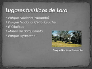 Parque Nacional Yacambú
 Parque Nacional Cerro Saroche
 El Obelisco
 Museo de Barquisimeto
 Parque Ayacucho




                             Parque Nacional Yacambu
 