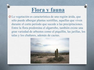 Flora y fauna
O La vegetación es característica de una región árida, que
sólo puede albergar plantas xerófilas, aquellas que viven
durante el corto período que sucede a las precipitaciones.
Entre la flora predomina el algarrobo, también existe una
gran variedad de arbustos como el piquillín, las jarillas, los
talas y los chañares, además de cactus.
 