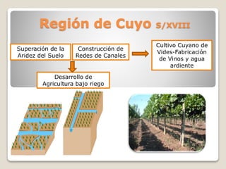 Región de Cuyo S/XVIII
Superación de la
Aridez del Suelo
Construcción de
Redes de Canales
Desarrollo de
Agricultura bajo riego
Cultivo Cuyano de
Vides-Fabricación
de Vinos y agua
ardiente
 