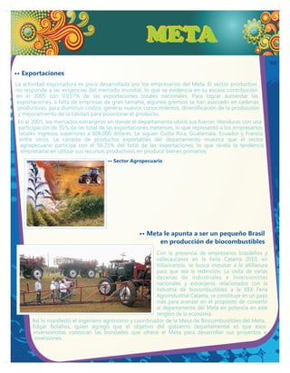 META
•• Exportaciones
La actividad exportadora es poco desarrollada por los empresarios del Meta. El sector productivo
no responde a las exigencias del mercado mundial, lo que se evidencia en su escasa contribución
en el 2005 con 0,017% de las exportaciones totales nacionales. Para lograr aumentar las
 exportaciones, a falta de empresas de gran tamaño, algunos gremios se han asociado en cadenas
 productivas, para disminuir costos, generar nuevos conocimientos, diversificación de la producción
 y mejoramiento de la calidad para posicionar el producto.
 En el 2005, los mercados extranjeros en donde el departamento ubicó sus fueron: Honduras con una
  participación de 35% de las total de las exportaciones metenses, lo que representó a los empresarios
  locales ingresos superiores a 608.000 dólares. Le siguen Costa Rica, Guatemala, Ecuador y Francia
  entre otros. La canasta de productos exportables del departamento muestra que el sector
   agropecuario participa con el 56.25% del total de las exportaciones, lo que revela la tendencia
   empresarial en utilizar sus recursos productivos en producir bienes primarios.
                                     •• Sector Agropecuario




                                                  •• Meta le apunta a ser un pequeño Brasil
                                                        en producción de biocombustibles
                                                       Con la presencia de empresarios brasileños y
                                                       vallecaucanos en la Feria Catama 2010, en
                                                       Villavicencio, se busca impulsar a la altillanura
                                                       para que sea la redención. La visita de varias
                                                       decenas de industriales e inversionistas
                                                       nacionales y extranjeros relacionados con la
                                                       industria de biocombustibles a la XXX Feria
                                                       Agroindustrial Catama, se constituye en un paso
                                                       más para avanzar en el propósito de convertir
                                                       al departamento del Meta en potencia en este
                                                       renglón de la economía.
      Así lo manifestó el ingeniero agrónomo y coordinador de la Mesa de Biocombustibles del Meta,
      Édgar Bolaños, quien agregó que el objetivo del gobierno departamental es que esos
      inversionistas conozcan las bondades que ofrece el Meta para desarrollar sus proyectos e
       inversiones.
 