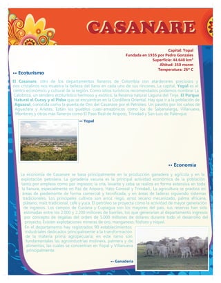 CASANARE
                                                                                   Capital: Yopal
                                                             Fundada en 1935 por Pedro Gonzales
                                                                          Superficie: 44.640 km²
                                                                              Altitud: 350 msnm
                                                                             Temperatura: 26º C
•• Ecoturismo
El Casanare, otro de los departamentos llaneros de Colombia con atardeceres preciosos y
ríos cristalinos nos muestra la belleza del llano en cada uno de sus rincones. La capital, Yopal es el
centro económico y cultural de la región. Como sitios turísticos recomendados podemos nombrar La
 Caloboza, un sendero ecoturístico hermoso y exótico, la Reserva natural Laguna del Tinje. El Parque
 Natural el Cucuy y el Pisba que se encuentran en la Cordillera Oriental. Hay que ir a la población de
 Aguazul, conocida como la puerta de Oro del Casanare por el Petróleo. Un paseíto por los caños de
 Aguaclara y Arietes. Están los pueblos cuasi-amazónicos como los de Sabanalarga, Villanueva,
  Monterey y otros más llaneros como El Paso Real de Ariporo, Trinidad y San Luis de Palenque
                                    •• Yopal




                                                                                     •• Economía
    La economía de Casanare se basa principalmente en la producción ganadera y agrícola y en la
    explotación petrolera. La ganadería vacuna es la principal actividad económica de la población
    tanto por empleos como por ingresos; la cría, levante y ceba se realiza en forma extensiva en toda
     la llanura, especialmente en Paz de Ariporo, Hato Corozal y Trinidad.. La agricultura se practica en
     áreas de piedemonte de forma comercial y tecnificada, y en áreas de laderas siguiendo sistemas
      tradicionales. Los principales cultivos son arroz riego, arroz secano mecanizado, palma africana,
      plátano, maíz tradicional, café y yuca. El petróleo se proyecta como la actividad de mayor generación
       de ingresos. Los campos de Cusiana y Cupiagua son los mayores del país, sus reservas han sido
       estimadas entre los 2.000 y 2.200 millones de barriles, los que generarían al departamento ingresos
       por concepto de regalías del orden de 5.000 millones de dólares durante todo el desarrollo del
       proyecto. Existen explotaciones mineras de oro, manganeso, fósforo y níquel.
        En el departamento hay registrados 90 establecimientos
        industriales dedicados principalmente a la transformación
        de la materia prima agropecuaria; en este ramo son
         fundamentales las agroindustrias molinera, palmera y de
         alimentos, las cuales se concentran en Yopal y Villanueva
          principalmente.

                                                     •• Ganadería
 