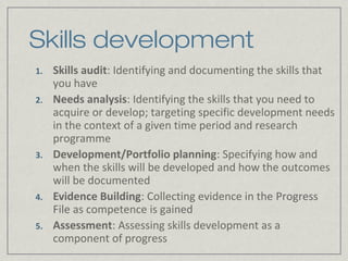 Skills development
1.   Skills audit: Identifying and documenting the skills that
     you have
2.   Needs analysis: Identifying the skills that you need to
     acquire or develop; targeting specific development needs
     in the context of a given time period and research
     programme
3.   Development/Portfolio planning: Specifying how and
     when the skills will be developed and how the outcomes
     will be documented
4.   Evidence Building: Collecting evidence in the Progress
     File as competence is gained
5.   Assessment: Assessing skills development as a
     component of progress
 