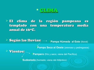  CLIMACLIMA
 El clima de la región pampeana esEl clima de la región pampeana es
templado con una temperatura mediatemplado con una temperatura media
anual de 16ºC.anual de 16ºC.
 Según las lluvias:Según las lluvias:
 Vientos:Vientos:
Pampa Húmeda al Este (litoral)
Pampa Seca al Oeste (arenoso y pedregosos)
Pampero (frío y seco; viene del Pacífico)
 Sudestada (húmedo; viene del Atlántico)
 