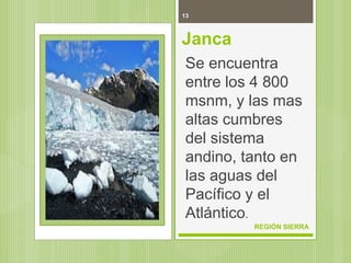 13
REGIÓN SIERRA
Janca
Se encuentra
entre los 4 800
msnm, y las mas
altas cumbres
del sistema
andino, tanto en
las aguas del
Pacífico y el
Atlántico.
 