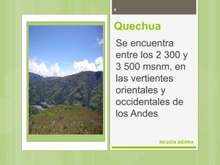9
REGIÓN SIERRA
Quechua
Se encuentra
entre los 2 300 y
3 500 msnm, en
las vertientes
orientales y
occidentales de
los Andes.
 