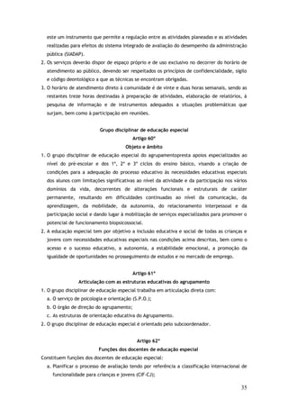 este um instrumento que permite a regulação entre as atividades planeadas e as atividades
realizadas para efeitos do sistema integrado de avaliação do desempenho da administração
pública (SIADAP).
2. Os serviços deverão dispor de espaço próprio e de uso exclusivo no decorrer do horário de
atendimento ao público, devendo ser respeitados os princípios de confidencialidade, sigilo
e código deontológico a que as técnicas se encontram obrigadas.
3. O horário de atendimento direto à comunidade é de vinte e duas horas semanais, sendo as
restantes treze horas destinadas à preparação de atividades, elaboração de relatórios, à
pesquisa de informação e de instrumentos adequados a situações problemáticas que
surjam, bem como à participação em reuniões.
Grupo disciplinar de educação especial
Artigo 60º
Objeto e âmbito
1. O grupo disciplinar de educação especial do agrupamentopresta apoios especializados ao
nível do pré-escolar e dos 1º, 2º e 3º ciclos do ensino básico, visando a criação de
condições para a adequação do processo educativo às necessidades educativas especiais
dos alunos com limitações significativas ao nível da atividade e da participação nos vários
domínios da vida, decorrentes de alterações funcionais e estruturais de caráter
permanente, resultando em dificuldades continuadas ao nível da comunicação, da
aprendizagem, da mobilidade, da autonomia, do relacionamento interpessoal e da
participação social e dando lugar à mobilização de serviços especializados para promover o
potencial de funcionamento biopsicossocial.
2. A educação especial tem por objetivo a inclusão educativa e social de todas as crianças e
jovens com necessidades educativas especiais nas condições acima descritas, bem como o
acesso e o sucesso educativo, a autonomia, a estabilidade emocional, a promoção da
igualdade de oportunidades no prosseguimento de estudos e no mercado de emprego.
Artigo 61º
Articulação com as estruturas educativas do agrupamento
1. O grupo disciplinar de educação especial trabalha em articulação direta com:
a. O serviço de psicologia e orientação (S.P.O.);
b. O órgão de direção do agrupamento;
c. As estruturas de orientação educativa do Agrupamento.
2. O grupo disciplinar de educação especial é orientado pelo subcoordenador.
Artigo 62º
Funções dos docentes de educação especial
Constituem funções dos docentes de educação especial:
a. Planificar o processo de avaliação tendo por referência a classificação internacional de
funcionalidade para crianças e jovens (CIF-CJ);

35

 