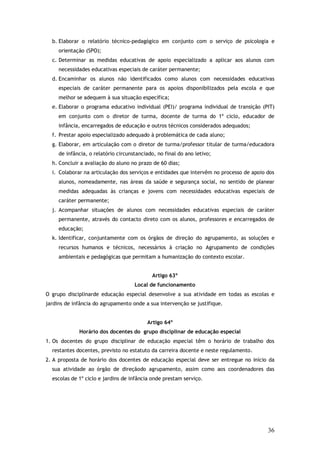 b. Elaborar o relatório técnico-pedagógico em conjunto com o serviço de psicologia e
orientação (SPO);
c. Determinar as medidas educativas de apoio especializado a aplicar aos alunos com
necessidades educativas especiais de caráter permanente;
d. Encaminhar os alunos não identificados como alunos com necessidades educativas
especiais de caráter permanente para os apoios disponibilizados pela escola e que
melhor se adequem à sua situação específica;
e. Elaborar o programa educativo individual (PEI)/ programa individual de transição (PIT)
em conjunto com o diretor de turma, docente de turma do 1º ciclo, educador de
infância, encarregados de educação e outros técnicos considerados adequados;
f. Prestar apoio especializado adequado à problemática de cada aluno;
g. Elaborar, em articulação com o diretor de turma/professor titular de turma/educadora
de infância, o relatório circunstanciado, no final do ano letivo;
h. Concluir a avaliação do aluno no prazo de 60 dias;
i. Colaborar na articulação dos serviços e entidades que intervêm no processo de apoio dos
alunos, nomeadamente, nas áreas da saúde e segurança social, no sentido de planear
medidas adequadas às crianças e jovens com necessidades educativas especiais de
caráter permanente;
j. Acompanhar situações de alunos com necessidades educativas especiais de caráter
permanente, através do contacto direto com os alunos, professores e encarregados de
educação;
k. Identificar, conjuntamente com os órgãos de direção do agrupamento, as soluções e
recursos humanos e técnicos, necessários à criação no Agrupamento de condições
ambientais e pedagógicas que permitam a humanização do contexto escolar.
Artigo 63º
Local de funcionamento
O grupo disciplinarde educação especial desenvolve a sua atividade em todas as escolas e
jardins de infância do agrupamento onde a sua intervenção se justifique.
Artigo 64º
Horário dos docentes do grupo disciplinar de educação especial
1. Os docentes do grupo disciplinar de educação especial têm o horário de trabalho dos
restantes docentes, previsto no estatuto da carreira docente e neste regulamento.
2. A proposta de horário dos docentes de educação especial deve ser entregue no início da
sua atividade ao órgão de direçãodo agrupamento, assim como aos coordenadores das
escolas de 1º ciclo e jardins de infância onde prestam serviço.

36

 