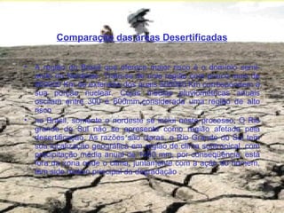 Comparação das áreas Desertificadas A região do Brasil que oferece maior risco é o domínio semi-ando do Nordeste. Trata-se de unia região com pouco mais de 800000 Km de extensão dos quais 500000 Km correspondem à sua porção nuclear. Cujas médias pluviométricas anuais oscilam entre 300 e 600mm,considerada uma região de alto risco no Brasil, somente o nordeste se inclui neste processo. O Rio grande do Sul não se apresenta como região afetada pela desertificação. As razões são claras, o Rio Grande do Sul tem sua localização geográfica em região de clima subtropical, com precipitação média anual de 1400 mm, por conseqüência, está fora da zona onde o clima, juntamente com a ação do homem, tem sido motivo principal da degradação . 