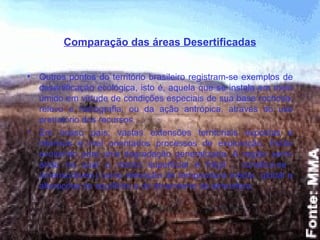 Comparação das áreas Desertificadas Outros pontos do território brasileiro registram-se exemplos de desertificação ecológica, isto é, aquela que se instala em meio úmido em virtude de condições especiais de sua base rochosa, relevo e hidrografia, ou da ação antrópica, através do uso predatório dos recursos.  Em nosso país, vastas extensões territoriais expostas a intensos e mal orientados processos de exploração. Estão evoluindo para unia degradação generalizada. A região semi-árida na qual o manto superficial é frágil , constitui-se  (imensuráveis) como elevação de temperatura média  global e alterações do equilíbrio e do dinamismo da atmosfera. 