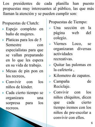 Los presidentes de cada planilla han puesto
propuestas muy interesantes al público, las que más
llaman la atención y se pueden cumplir son:

Propuestas de Clutch:      Propuestas de Tiempo:
 Espejo completo en        Una sección en la

  baño de mujeres.           página      web      del
 Platicas para los de 5
                             colegio.
  Semestre           con    Viernes     Loco, se
  especialistas para que     organizaran diversas
  se vallan preparando       actividades
  en lo que les espera       recreativas.
  en su vida de trabajo.    Quitar las palomas en

 Mesas de pin pon en        la cafetería ,
  los recreos,              Kilometro de zapatos.

 Convivir     con los      Campaña               de
  niños de kínder.           Reciclaje.
 Cada cierto tiempo se     Convivir       con los
  organizara         una     niños chiquitos, dicen
  sorpresa para los          que     cada      cierto
  recreos.                   tiempo iremos con los
                             niños de pre-escolar a
                             convivir con ellos.
                                                    6
 