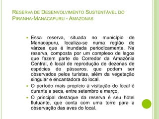 RESERVA DE DESENVOLVIMENTO SUSTENTÁVEL DO
PIRANHA-MANACAPURU - AMAZONAS

Essa reserva, situada no município de
Manacapuru, localiza-se numa região de
várzea que é inundada periodicamente. Na
reserva, composta por um complexo de lagos
que fazem parte do Corredor da Amazônia
Central, é local de reprodução de dezenas de
espécies de pássaros, que podem ser
observados pelos turistas, além da vegetação
singular e encantadora do local.
 O período mais propício à visitação do local é
durante a seca, entre setembro e março.
 O principal destaque da reserva é seu hotel
flutuante, que conta com uma torre para a
observação das aves do local.


 
