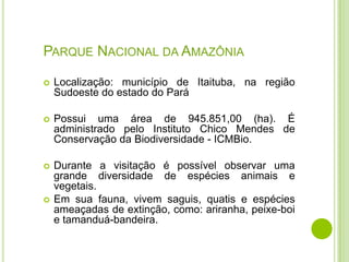 PARQUE NACIONAL DA AMAZÔNIA


Localização: município de Itaituba, na região
Sudoeste do estado do Pará



Possui uma área de 945.851,00 (ha). É
administrado pelo Instituto Chico Mendes de
Conservação da Biodiversidade - ICMBio.



Durante a visitação é possível observar uma
grande diversidade de espécies animais e
vegetais.
Em sua fauna, vivem saguis, quatis e espécies
ameaçadas de extinção, como: ariranha, peixe-boi
e tamanduá-bandeira.



 