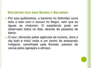 ENCONTRO DOS RIOS NEGRO E SOLIMÕES
Por seis quilômetros, o barrento rio Solimões corre
lado a lado com o escuro rio Negro, sem que as
águas se misturem. O espetáculo pode ser
observado todos os dias, através de passeios de
barco.
 O tour, oferecido pelas agências de turismo, dura o
dia todo e inclui visita a um centro de artesanato
indígena, caminhada pela floresta, passeio de
canoa pelos igarapés e almoço.


 