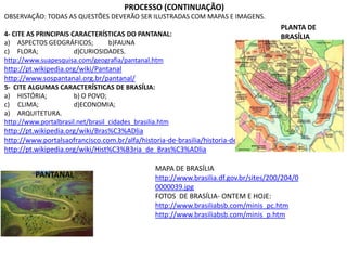 PROCESSO (CONTINUAÇÃO)
OBSERVAÇÃO: TODAS AS QUESTÕES DEVERÃO SER ILUSTRADAS COM MAPAS E IMAGENS.
4- CITE AS PRINCIPAIS CARACTERÍSTICAS DO PANTANAL:
a) ASPECTOS GEOGRÁFICOS; b)FAUNA
c) FLORA; d)CURIOSIDADES.
http://www.suapesquisa.com/geografia/pantanal.htm
http://pt.wikipedia.org/wiki/Pantanal
http://www.sospantanal.org.br/pantanal/
5- CITE ALGUMAS CARACTERÍSTICAS DE BRASÍLIA:
a) HISTÓRIA; b) O POVO;
c) CLIMA; d)ECONOMIA;
a) ARQUITETURA.
http://www.portalbrasil.net/brasil_cidades_brasilia.htm
http://pt.wikipedia.org/wiki/Bras%C3%ADlia
http://www.portalsaofrancisco.com.br/alfa/historia-de-brasilia/historia-de-brasilia.php
http://pt.wikipedia.org/wiki/Hist%C3%B3ria_de_Bras%C3%ADlia
PANTANAL
PLANTA DE
BRASÍLIA
MAPA DE BRASÍLIA
http://www.brasilia.df.gov.br/sites/200/204/0
0000039.jpg
FOTOS DE BRASÍLIA- ONTEM E HOJE:
http://www.brasiliabsb.com/minis_pc.htm
http://www.brasiliabsb.com/minis_p.htm
 