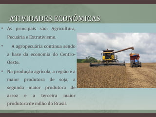 ATIVIDADES ECONÔMICASATIVIDADES ECONÔMICAS
• As principais são: Agricultura,
Pecuária e Extrativismo.
• A agropecuária continua sendo
a base da economia do Centro-
Oeste.
• Na produção agrícola, a região é a
maior produtora de soja, a
segunda maior produtora de
arroz e a terceira maior
produtora de milho do Brasil.
 