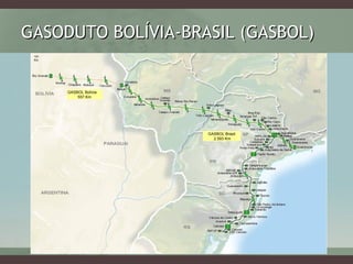 GASODUTO BOLÍVIA-BRASIL (GASBOL)GASODUTO BOLÍVIA-BRASIL (GASBOL)
GASBOL Bolívia
557 Km
GASBOL Brasil
2.593 Km
191
Km
 