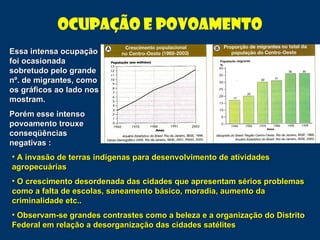 Ocupação e Povoamento
Essa intensa ocupação
Essa intensa ocupação
foi ocasionada
foi ocasionada
sobretudo pelo grande
sobretudo pelo grande
nº. de migrantes, como
nº. de migrantes, como
os gráficos ao lado nos
os gráficos ao lado nos
mostram.
mostram.
Porém esse intenso
Porém esse intenso
povoamento trouxe
povoamento trouxe
conseqüências
conseqüências
negativas :
negativas :
• A invasão de terras indígenas para desenvolvimento de atividades
A invasão de terras indígenas para desenvolvimento de atividades
agropecuárias
agropecuárias
• O crescimento desordenada das cidades que apresentam sérios problemas
O crescimento desordenada das cidades que apresentam sérios problemas
como a falta de escolas, saneamento básico, moradia, aumento da
como a falta de escolas, saneamento básico, moradia, aumento da
criminalidade etc..
criminalidade etc..
• Observam-se grandes contrastes como a beleza e a organização do Distrito
Observam-se grandes contrastes como a beleza e a organização do Distrito
Federal em relação a desorganização das cidades satélites
Federal em relação a desorganização das cidades satélites
 