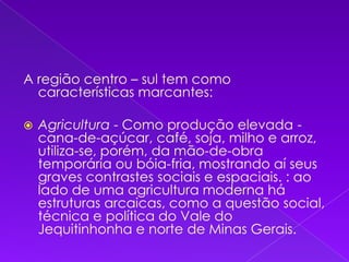 A região centro – sul tem como características marcantes:Agricultura - Como produção elevada - cana-de-açúcar, café, soja, milho e arroz, utiliza-se, porém, da mão-de-obra temporária ou bóia-fria, mostrando aí seus graves contrastes sociais e espaciais. : ao lado de uma agricultura moderna há estruturas arcaicas, como a questão social, técnica e política do Vale do Jequitinhonha e norte de Minas Gerais.