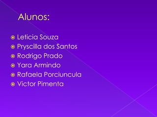 Alunos:LeticiaSouzaPryscillados SantosRodrigo PradoYara ArmindoRafaela PorciunculaVictor Pimenta