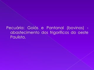 Pecuária: Goiás e Pantanal (bovinos) - abastecimento dos frigoríficos do oeste Paulista.