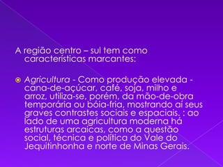A região centro – sul tem como características marcantes:Agricultura - Como produção elevada - cana-de-açúcar, café, soja, milho e arroz, utiliza-se, porém, da mão-de-obra temporária ou bóia-fria, mostrando aí seus graves contrastes sociais e espaciais. : ao lado de uma agricultura moderna há estruturas arcaicas, como a questão social, técnica e política do Vale do Jequitinhonha e norte de Minas Gerais.