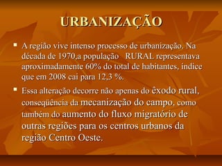 URBANIZAÇÃO


A região vive intenso processo de urbanização. Na
década de 1970,a população RURAL representava
aproximadamente 60% do total de habitantes, índice
que em 2008 cai para 12,3 %.



Essa alteração decorre não apenas do êxodo rural,
conseqüência da mecanização do campo, como
também do aumento do fluxo migratório de

outras regiões para os centros urbanos da
região Centro Oeste.

 