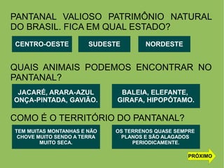 PANTANAL VALIOSO PATRIMÔNIO NATURAL
DO BRASIL. FICA EM QUAL ESTADO?
QUAIS ANIMAIS PODEMOS ENCONTRAR NO
PANTANAL?
COMO É O TERRITÓRIO DO PANTANAL?
CENTRO-OESTE NORDESTESUDESTE
JACARÉ, ARARA-AZUL
ONÇA-PINTADA, GAVIÃO.
BALEIA, ELEFANTE,
GIRAFA, HIPOPÓTAMO.
TEM MUITAS MONTANHAS E NÃO
CHOVE MUITO SENDO A TERRA
MUITO SECA.
OS TERRENOS QUASE SEMPRE
PLANOS E SÃO ALAGADOS
PERIODICAMENTE.
PRÓXIMO
 