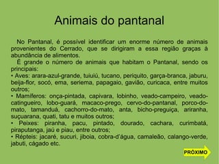 Animais do pantanal
No Pantanal, é possível identificar um enorme número de animais
provenientes do Cerrado, que se dirigiram a essa região graças à
abundância de alimentos.
É grande o número de animais que habitam o Pantanal, sendo os
principais:
• Aves: arara-azul-grande, tuiuiú, tucano, periquito, garça-branca, jaburu,
beija-flor, socó, ema, seriema, papagaio, gavião, curicaca, entre muitos
outros;
• Mamíferos: onça-pintada, capivara, lobinho, veado-campeiro, veado-
catingueiro, lobo-guará, macaco-prego, cervo-do-pantanal, porco-do-
mato, tamanduá, cachorro-do-mato, anta, bicho-preguiça, ariranha,
suçuarana, quati, tatu e muitos outros;
• Peixes: piranha, pacu, pintado, dourado, cachara, curimbatá,
piraputanga, jaú e piau, entre outros;
• Répteis: jacaré, sucuri, jiboia, cobra-d’água, camaleão, calango-verde,
jabuti, cágado etc.
PRÓXIMO
 