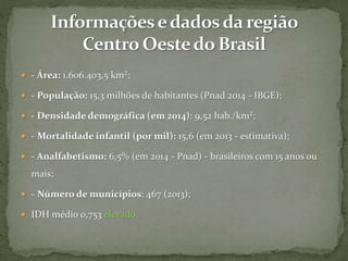  - Área: 1.606.403,5 km²;
 - População: 15,3 milhões de habitantes (Pnad 2014 - IBGE);
 - Densidade demográfica (em 2014): 9,52 hab./km²;
 - Mortalidade infantil (por mil): 15,6 (em 2013 - estimativa);
 - Analfabetismo: 6,5% (em 2014 - Pnad) - brasileiros com 15 anos ou
mais;
 - Número de municípios: 467 (2013);
 IDH médio 0,753 elevado.
 