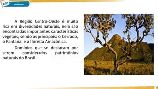 A Região Centro-Oeste é muito
rica em diversidades naturais, nela são
encontradas importantes características
vegetais, sendo as principais: o Cerrado,
o Pantanal e a floresta Amazônica.
Domínios que se destacam por
serem considerados patrimônios
naturais do Brasil.
4
 
