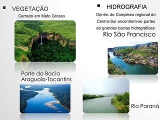  VEGETAÇÃO
Cerrado em Mato Grosso
 HIDROGRAFIA
Dentro do Complexo regional do
Centro-Sul encontram-se partes
de grandes bacias hidrográficas:
Rio São Francisco
Parte da Bacia
Araguaia-Tocantins
Rio Paraná
 