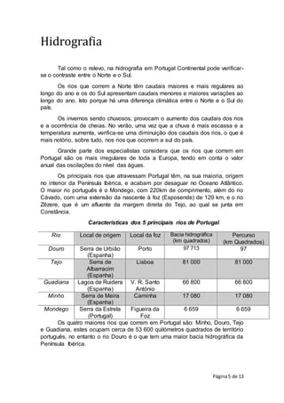 Página5 de 13
Hidrografia
Tal como o relevo, na hidrografia em Portugal Continental pode verificar-
se o contraste entre o Norte e o Sul.
Os rios que correm a Norte têm caudais maiores e mais regulares ao
longo do ano e os do Sul apresentam caudais menores e maiores variações ao
longo do ano. Isto porque há uma diferença climática entre o Norte e o Sul do
país.
Os invernos sendo chuvosos, provocam o aumento dos caudais dos rios
e a ocorrência de cheias. No verão, uma vez que a chuva é mais escassa e a
temperatura aumenta, verifica-se uma diminuição dos caudais dos rios, o que é
mais notório, sobre tudo, nos rios que ocorrem a sul do país.
Grande parte dos especialistas considera que os rios que correm em
Portugal são os mais irregulares de toda a Europa, tendo em conta o valor
anual das oscilações do nível das águas.
Os principais rios que atravessam Portugal têm, na sua maioria, origem
no interior da Península Ibérica, e acabam por desaguar no Oceano Atlântico.
O maior rio português é o Mondego, com 220km de comprimento, além do rio
Cávado, com uma extensão da nascente à foz (Esposende) de 129 km, e o rio
Zêzere, que é um afluente da margem direita do Tejo, ao qual se junta em
Constância.
Características dos 5 principais rios de Portugal
Rio Local de origem Local da foz Bacia hidrográfica
(km quadrados)
Percurso
(km Quadrados)
Douro Serra de Urbião
(Espanha)
Porto 97 713 97
Tejo Serra de
Albarracim
(Espanha)
Lisboa 81 000 81 000
Guadiana Lagoa de Ruidera
(Espanha)
V. R. Santo
António
66 800 66 800
Minho Serra de Meira
(Espanha)
Caminha 17 080 17 080
Mondego Serra da Estrela
(Portugal)
Figueira da
Foz
6 659 6 659
Os quatro maiores rios que correm em Portugal são: Minho, Douro, Tejo
e Guadiana, estes ocupam cerca de 53 600 quilómetros quadrados de território
português, no entanto o rio Douro é o que tem uma maior bacia hidrográfica da
Península Ibérica.
 