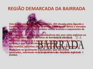 REGIÃO DEMARCADA DA BAIRRADA

  Esta é uma região que remonta ao séc. XIX situada entre Águeda e
  Coimbra, onde se destacam os vinhos tintos de cor densa e elevados
  taninos, embora produza também vinhos brancos e espumantes de
  qualidade.
• Nesta região, os vinhos são consequência dos seus solos argilosos ou
  barrentos (deu origem ao nome de Bairrada) e arenosos.
  Nos tintos destaca-se a sua cor por norma carregada e ricos em
  taninos, o que lhes dá elevada longevidade.
  Nos brancos, os vinhos são por norma delicados e aromáticos.
  Produzem-se igualmente espumantes, que são muito
  apreciados, sobretudo no acompanhamento de pratos regionais
  (leitão).
 