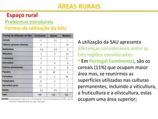 ÁREAS RURAIS
Espaço rural
Problemas estruturais
Formas de utilização da SAU
A utilização da SAU apresenta
diferenças consideráveis entre as
três regiões consideradas:
• Em Portugal Continental, são os
cereais (11%) que ocupam maior
área mas, se reunirmos as
superfícies utilizadas nas culturas
permanentes, incluindo a viticultura,
a fruticultura e a olivicultura, estas
ocupam uma área superior;
 
